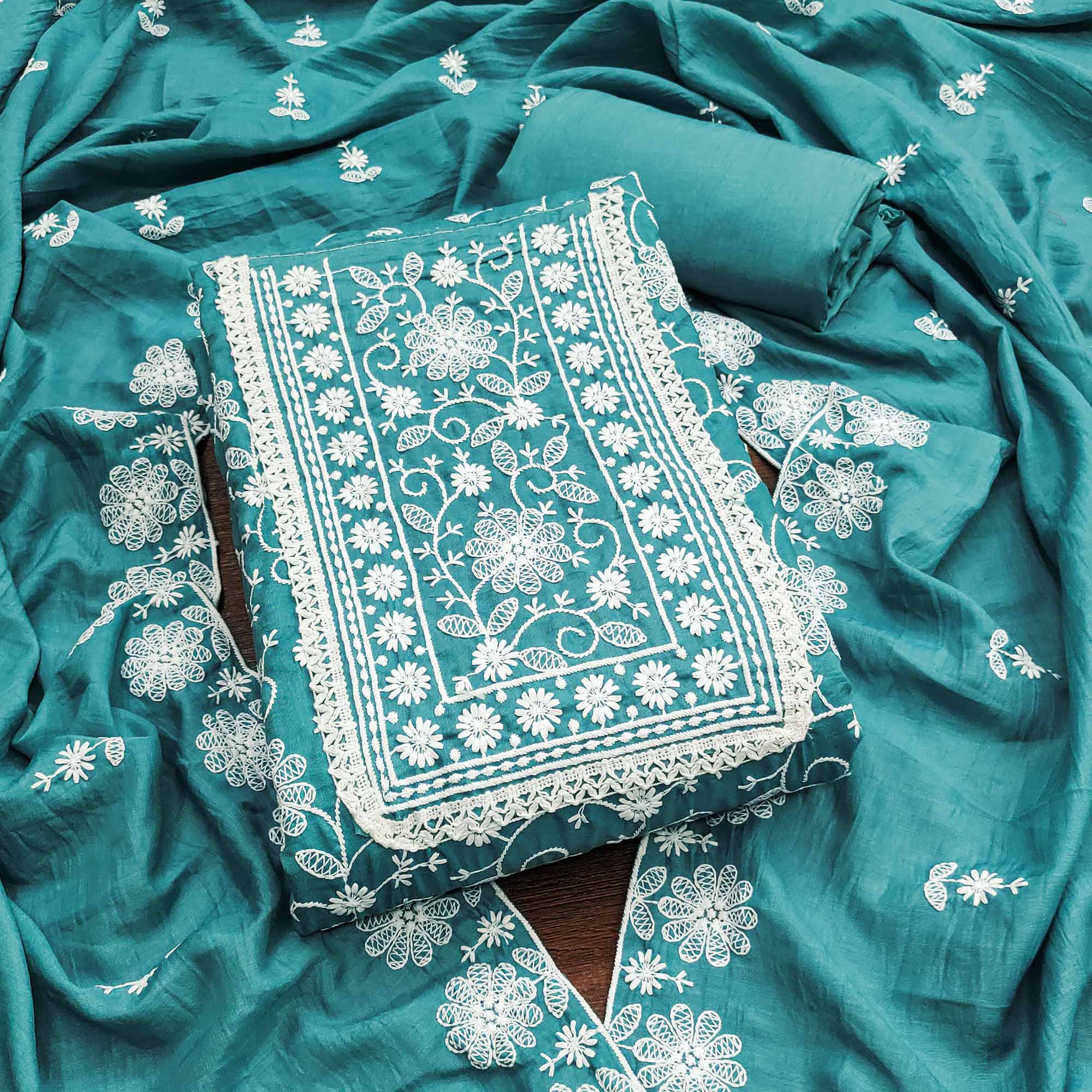 Blue Floral Embroidered Art Silk Dress Material