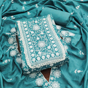 Blue Floral Embroidered Art Silk Dress Material