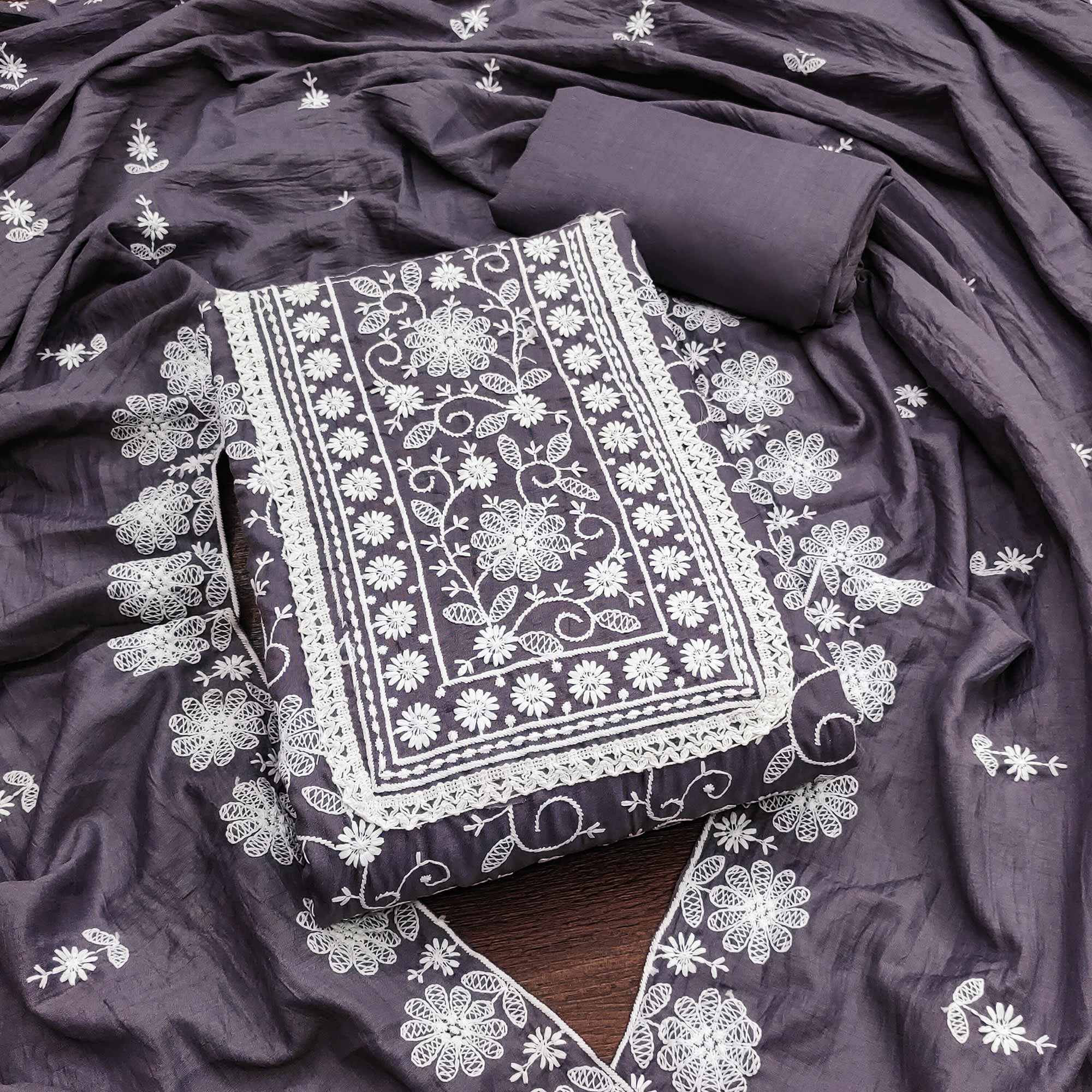 Dark Grey Floral Embroidered Art Silk Dress Material Dark Grey Floral Embroidered Art Silk Dress Material