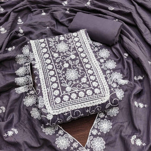 Dark Grey Floral Embroidered Art Silk Dress Material