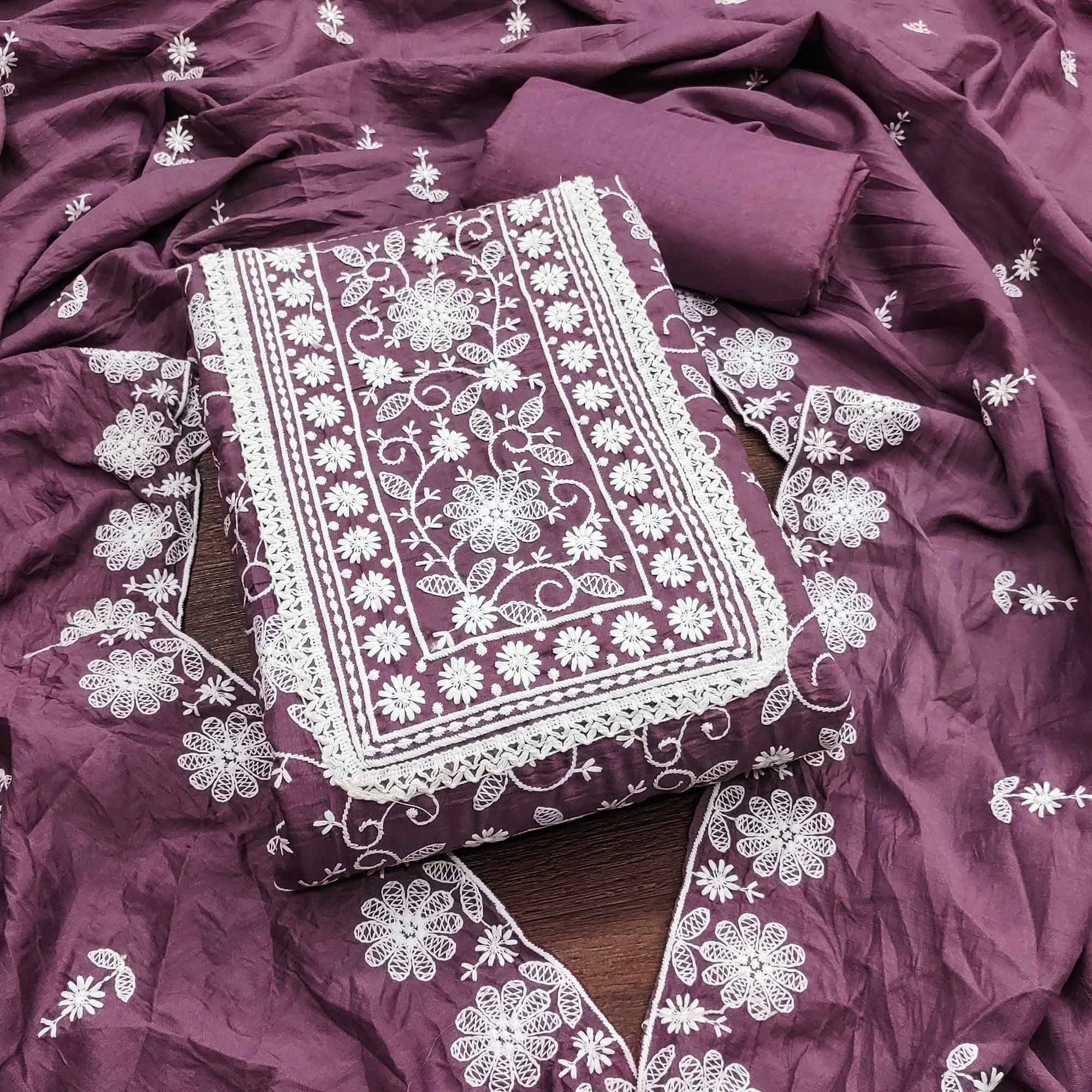 Dark Mauve Floral Embroidered Art Silk Dress Material