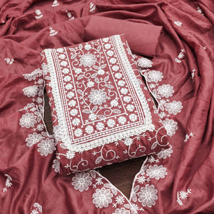 Dusty Rose Pink Floral Embroidered Art Silk Dress Material