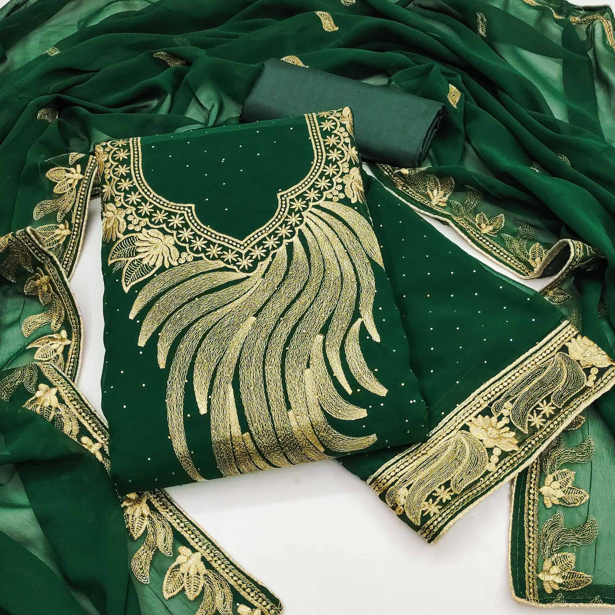 Drape Yourself In Luxury Green Floral Embroidery With Stone Work Georgette Dress Material
