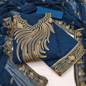 A Mesmerizing Creation Morpich Blue Floral Embroidery With Stone Work Georgette Dress Material