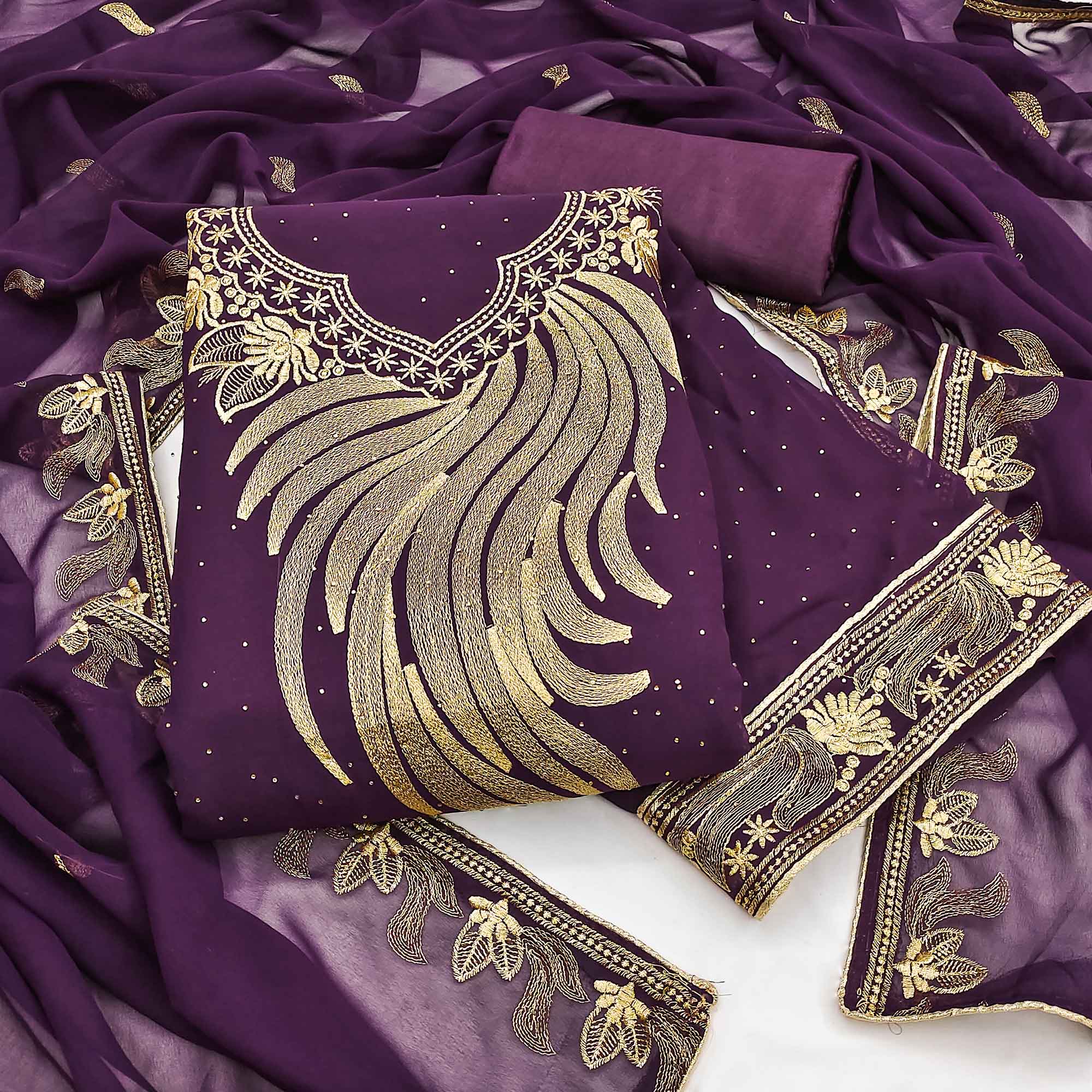 A Mesmerizing Creation Wine Floral Embroidery With Stone Work Georgette Dress Material