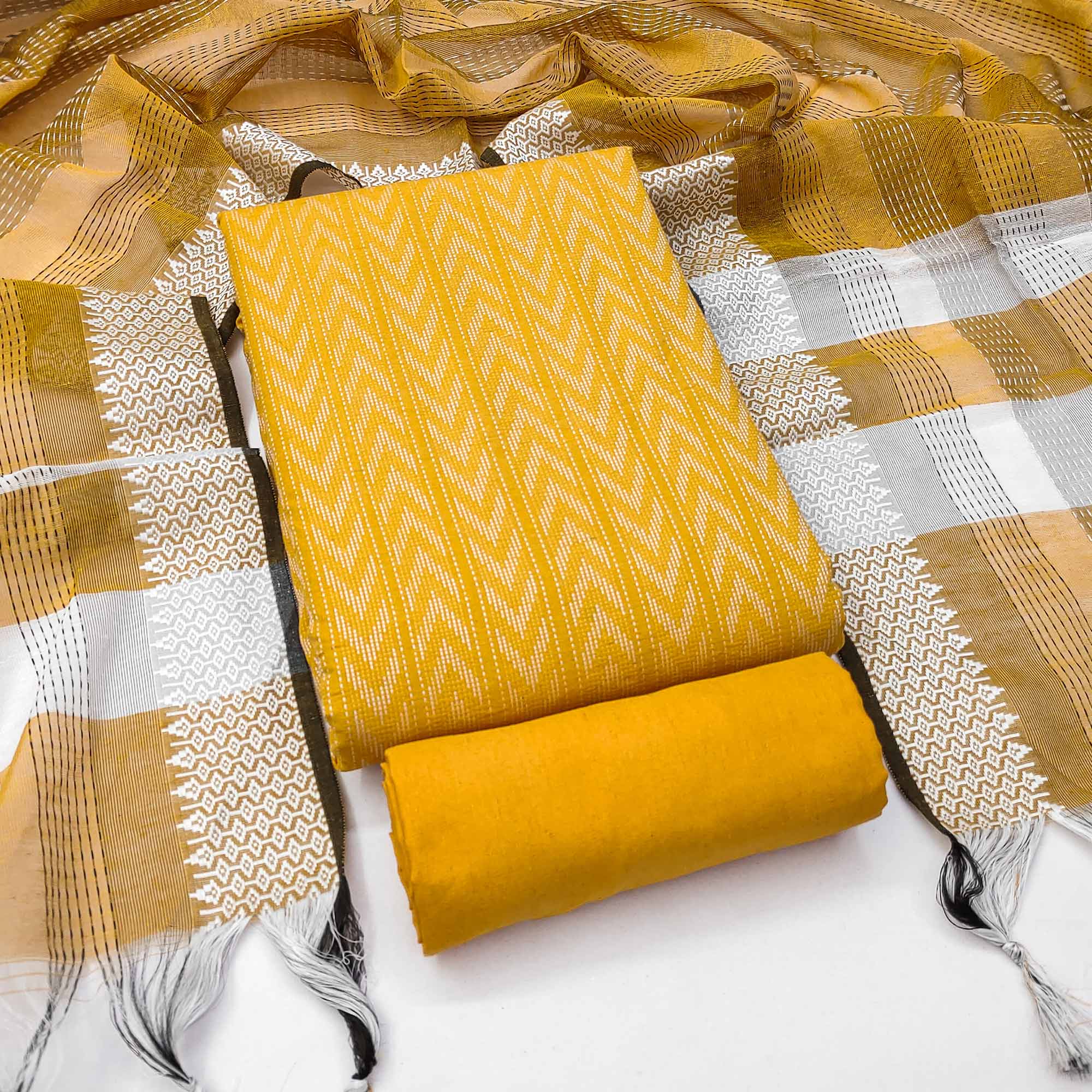 Make a Statement With Mustard Chevron Woven Pattern Cotton Blend Dress Material