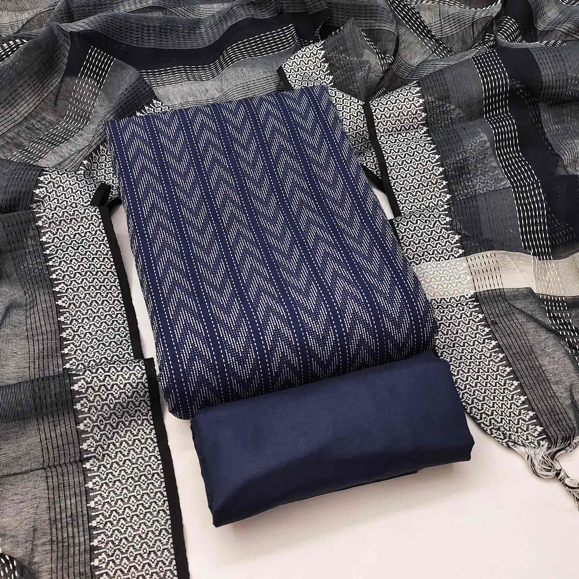 Redefine Elegance With This Navy Blue Chevron Woven Pattern Cotton Blend Dress Material