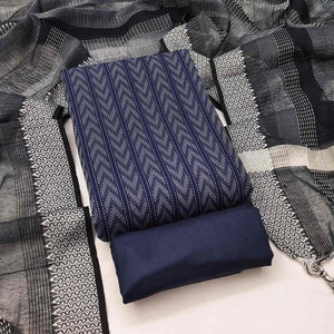 Redefine Elegance With This Navy Blue Chevron Woven Pattern Cotton Blend Dress Material