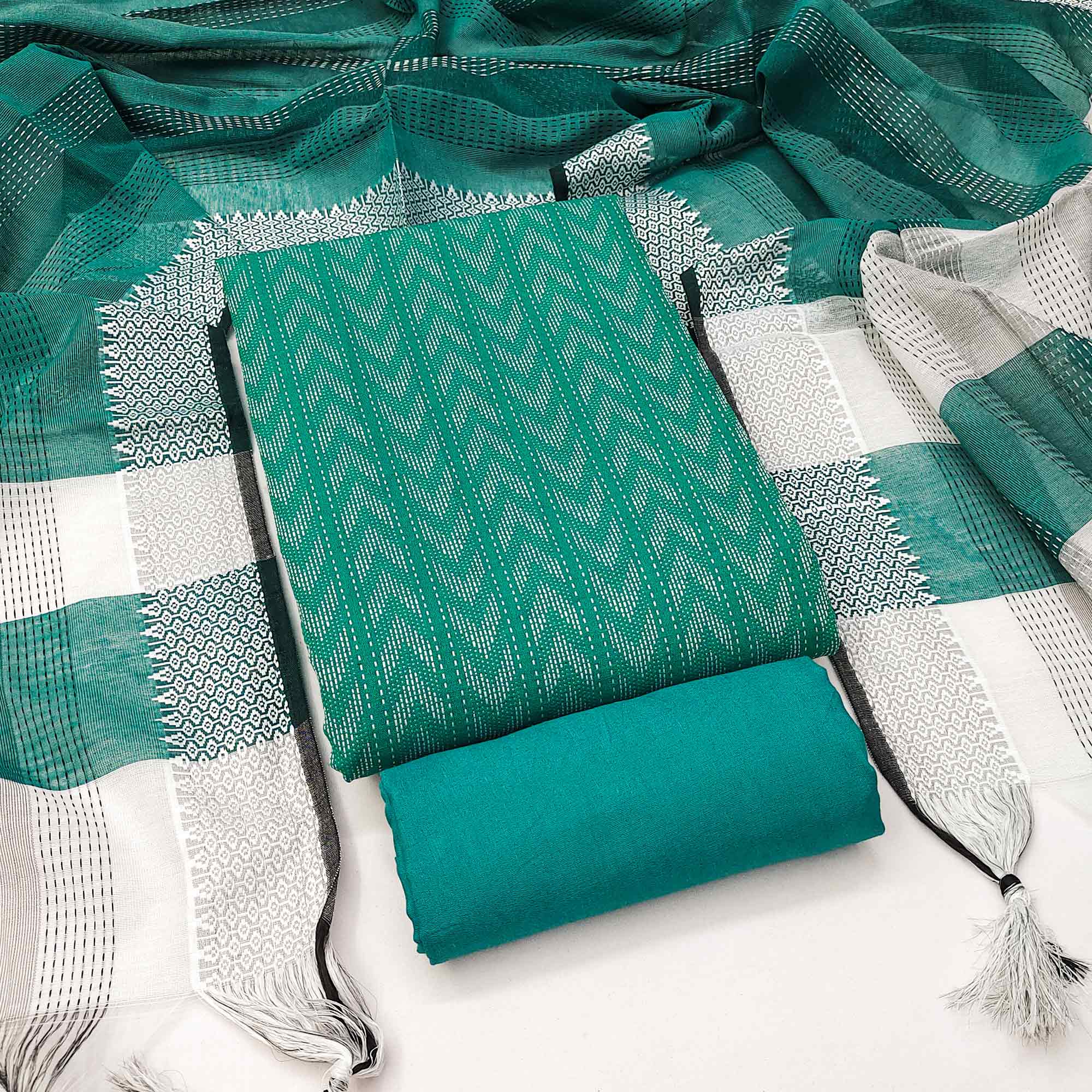 The Perfect Blend Of Grace Rama Green Chevron Woven Pattern Cotton Blend Dress Material