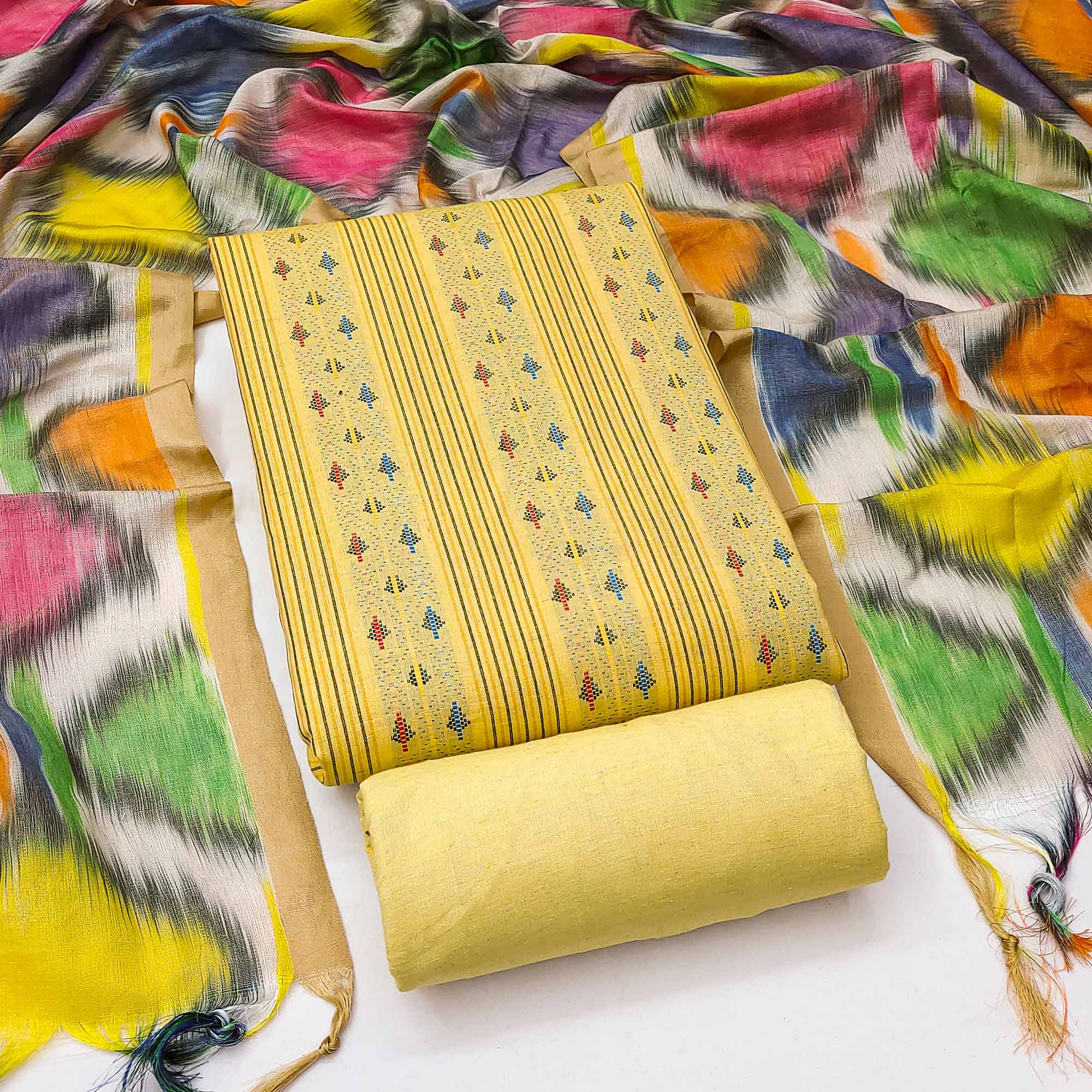 Unleash Your Style With This Yellow Woven Cotton Blend Dress Material