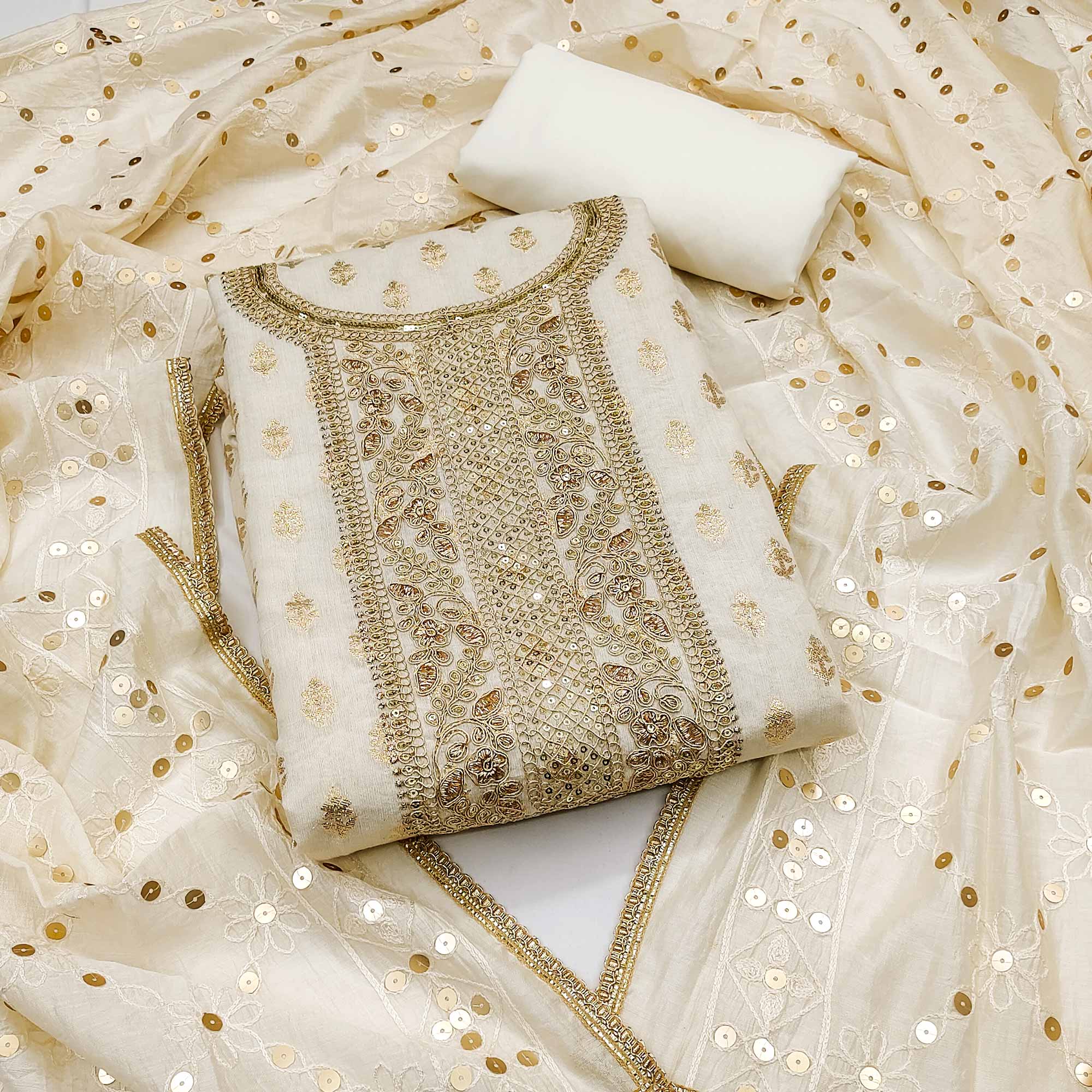 Experience Sheer Luxury Cream Floral Cording Zari Embroidered Chanderi Dress Material