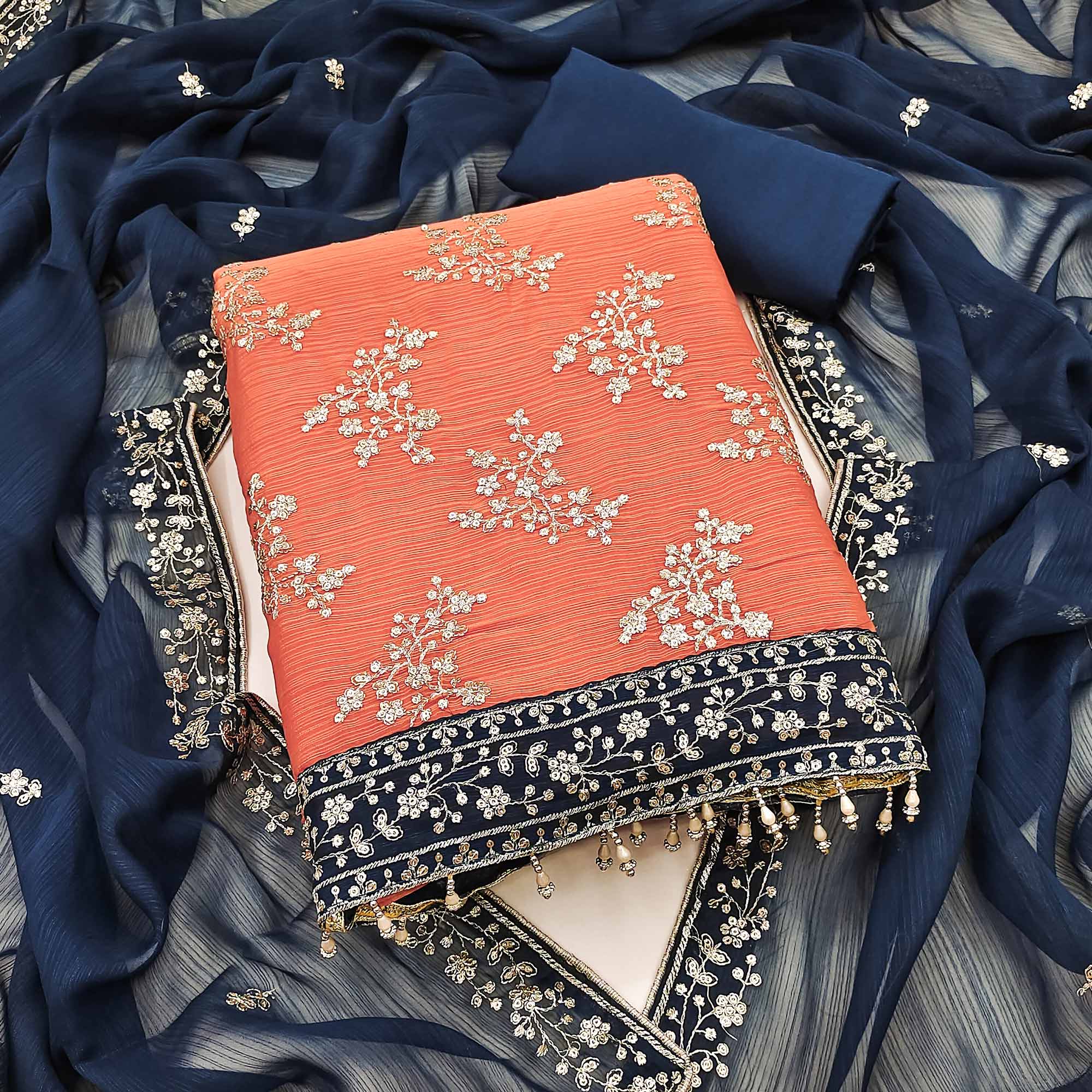 The Perfect Blend Of Grace Orange Floral Sequins Embroidered Zomoto Art Silk Dress Material