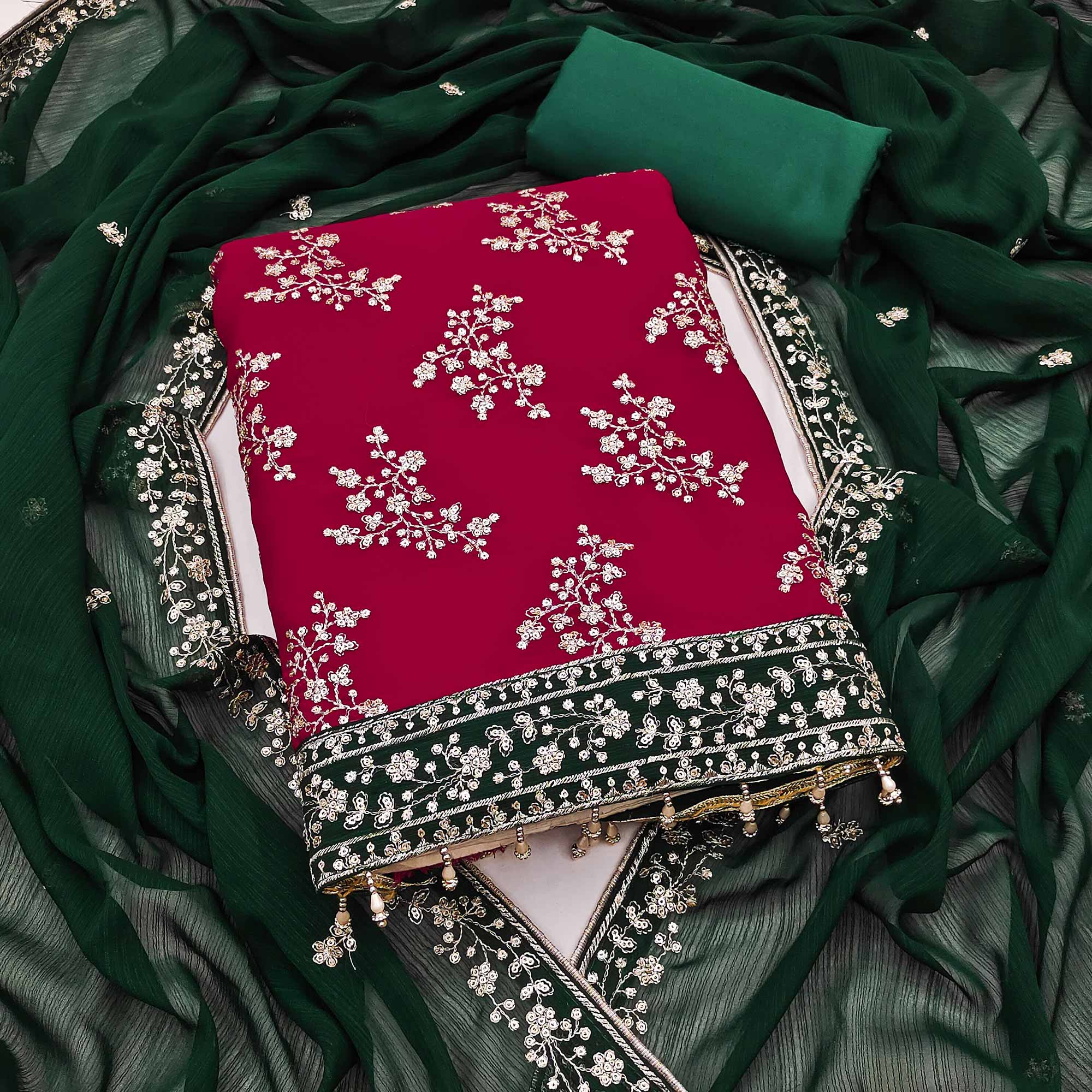 The Perfect Blend Of Grace Red Floral Sequins Embroidered Zomoto Art Silk Dress Material