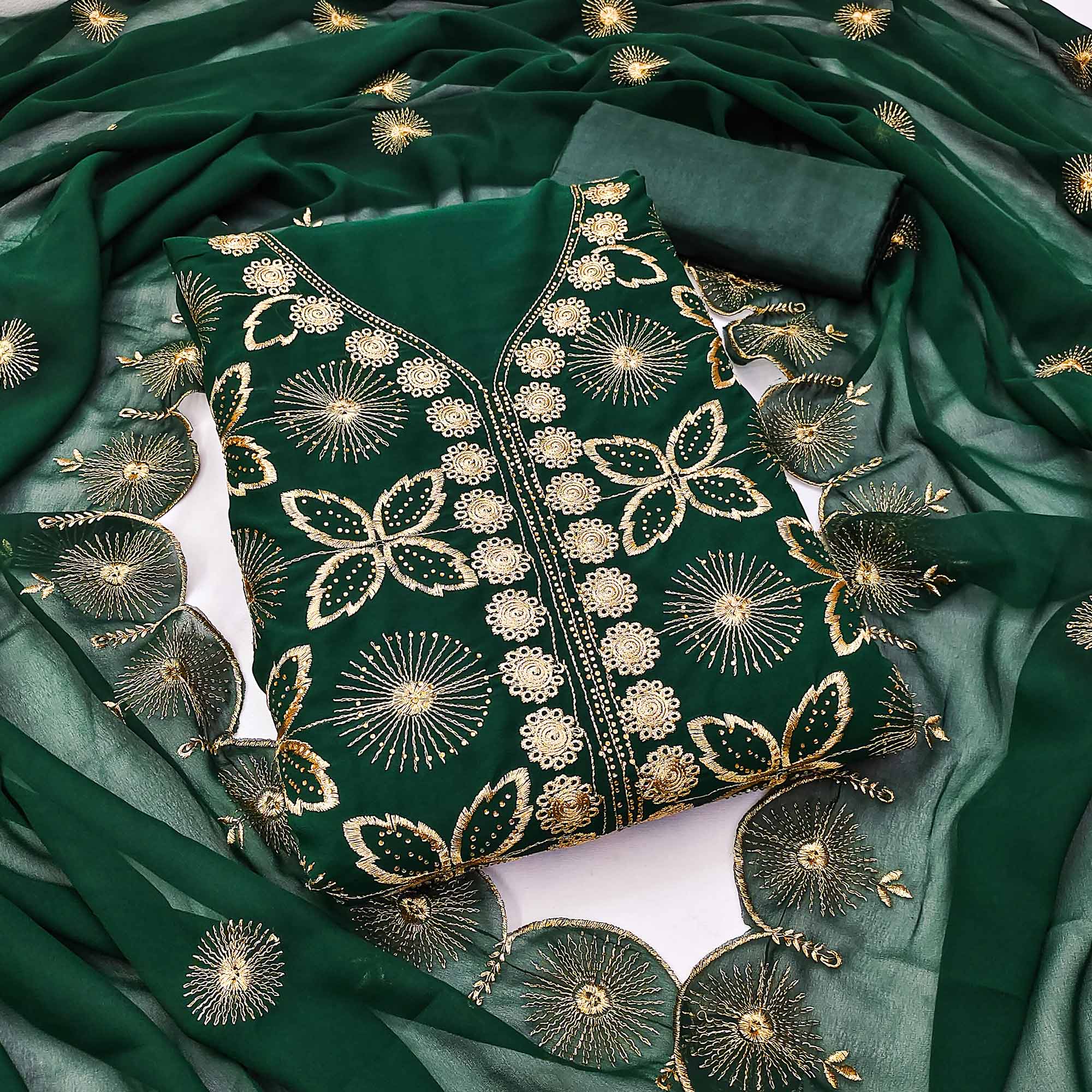 Green Georgette Dress Material Featuring Delicate Floral Zari Embroidery