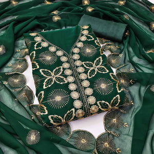 Green Georgette Dress Material Featuring Delicate Floral Zari Embroidery