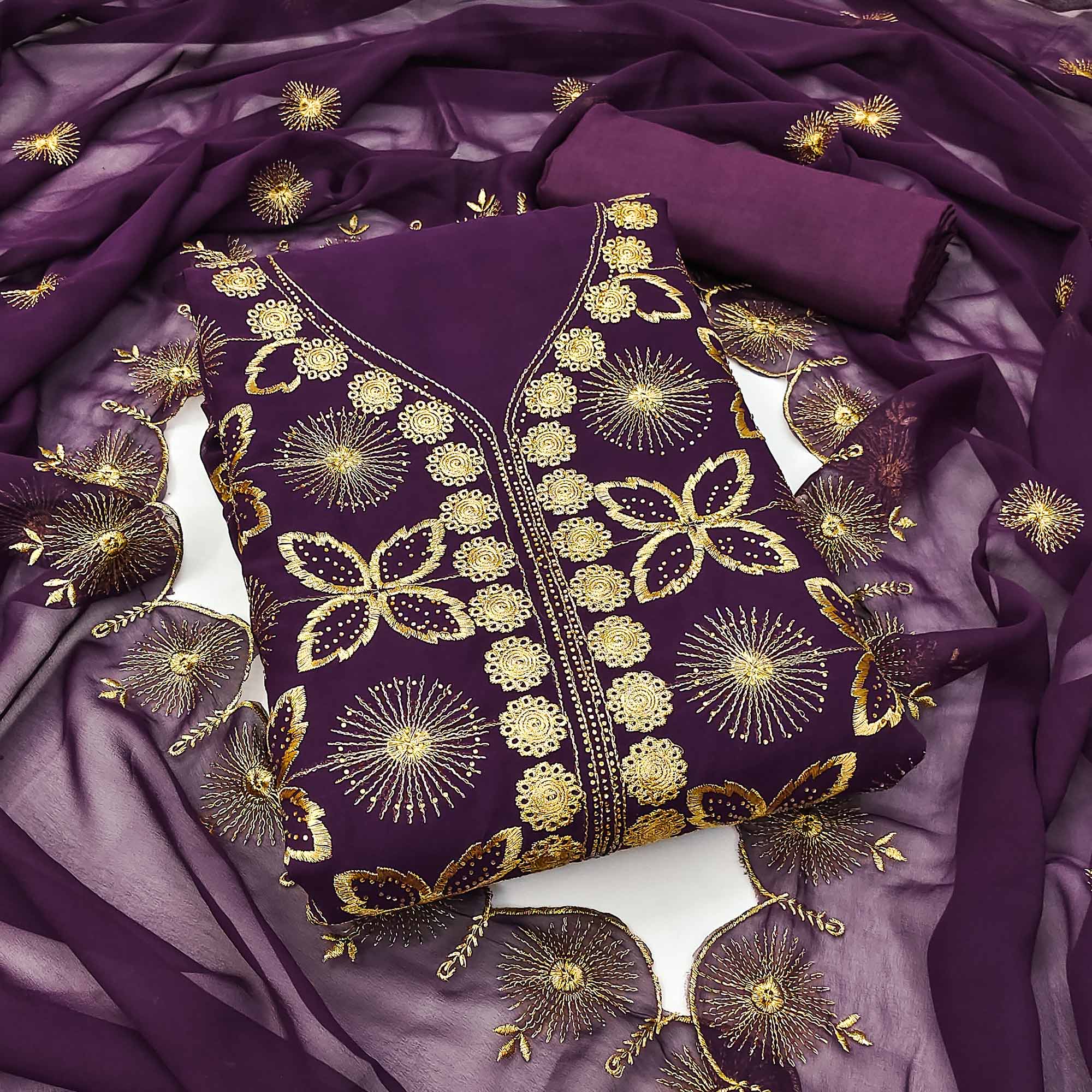 Wine Georgette Dress Material Featuring Delicate Floral Zari Embroidery