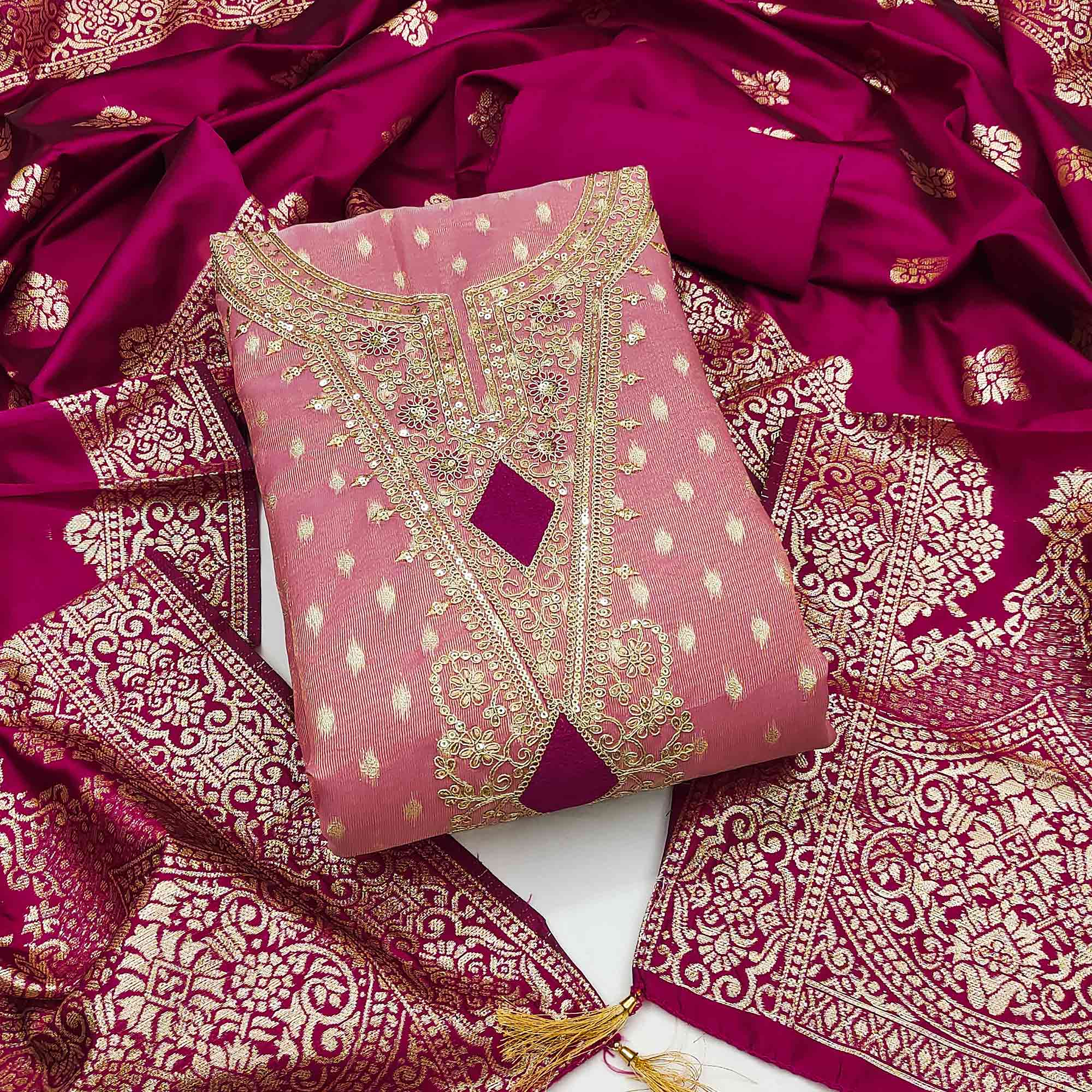 Gajari Pink Woven Banarasi Silk Dress Material With Intricate Cording & Sequin Embellishments