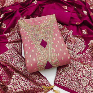 Gajari Pink Woven Banarasi Silk Dress Material With Intricate Cording & Sequin Embellishments