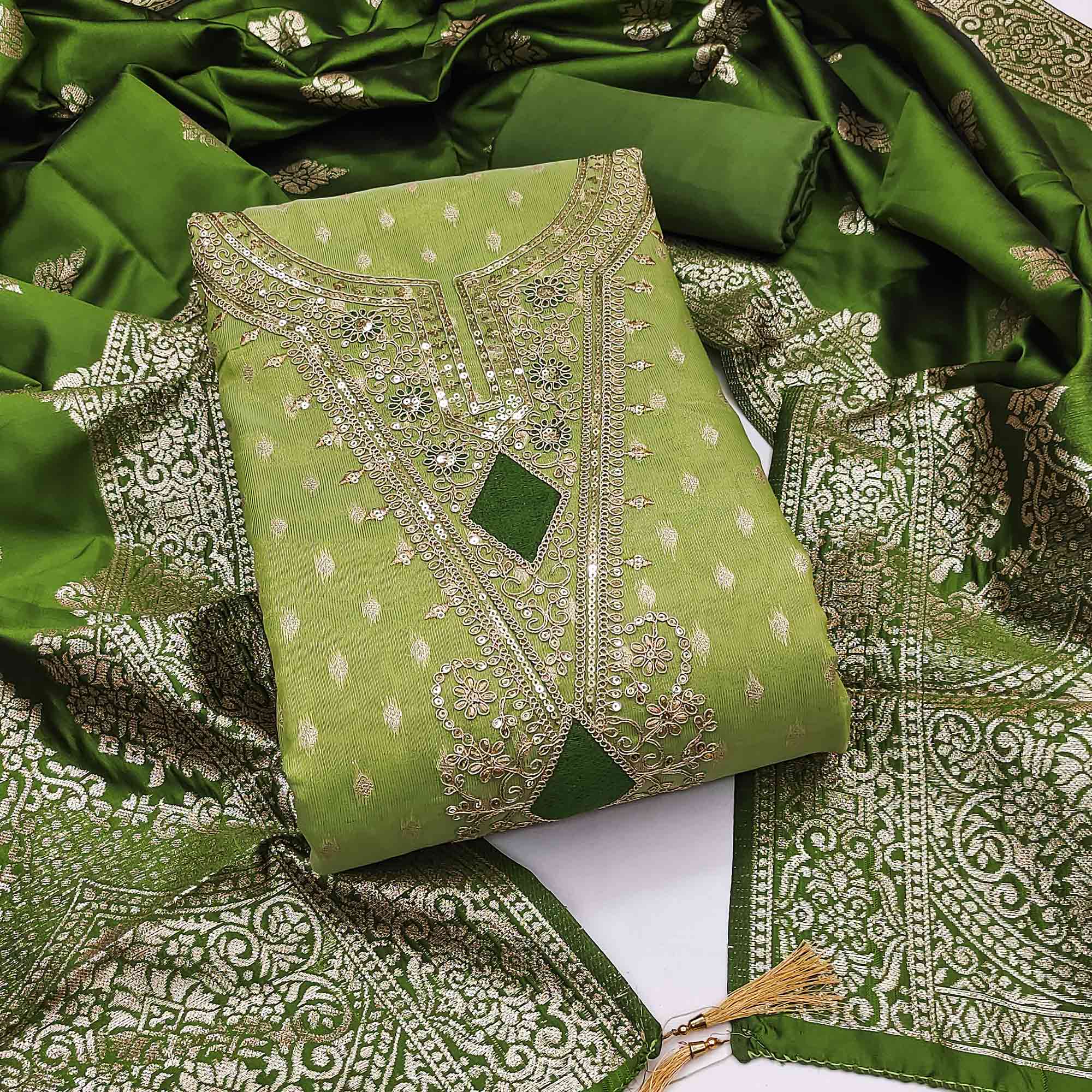 Green Woven Banarasi Silk Dress Material With Intricate Cording & Sequin Embellishments