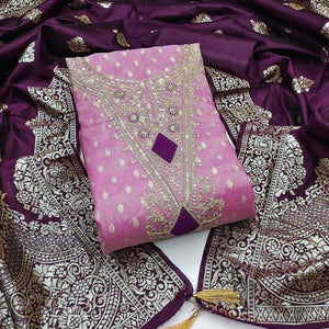 Purple Woven Banarasi Silk Dress Material With Intricate Cording & Sequin Embellishments