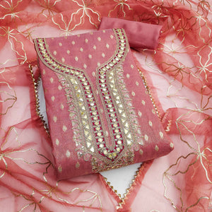 Gajari Pink Woven Shimmer Silk Dress Material Adorned With Sequins & Gota Patti Work