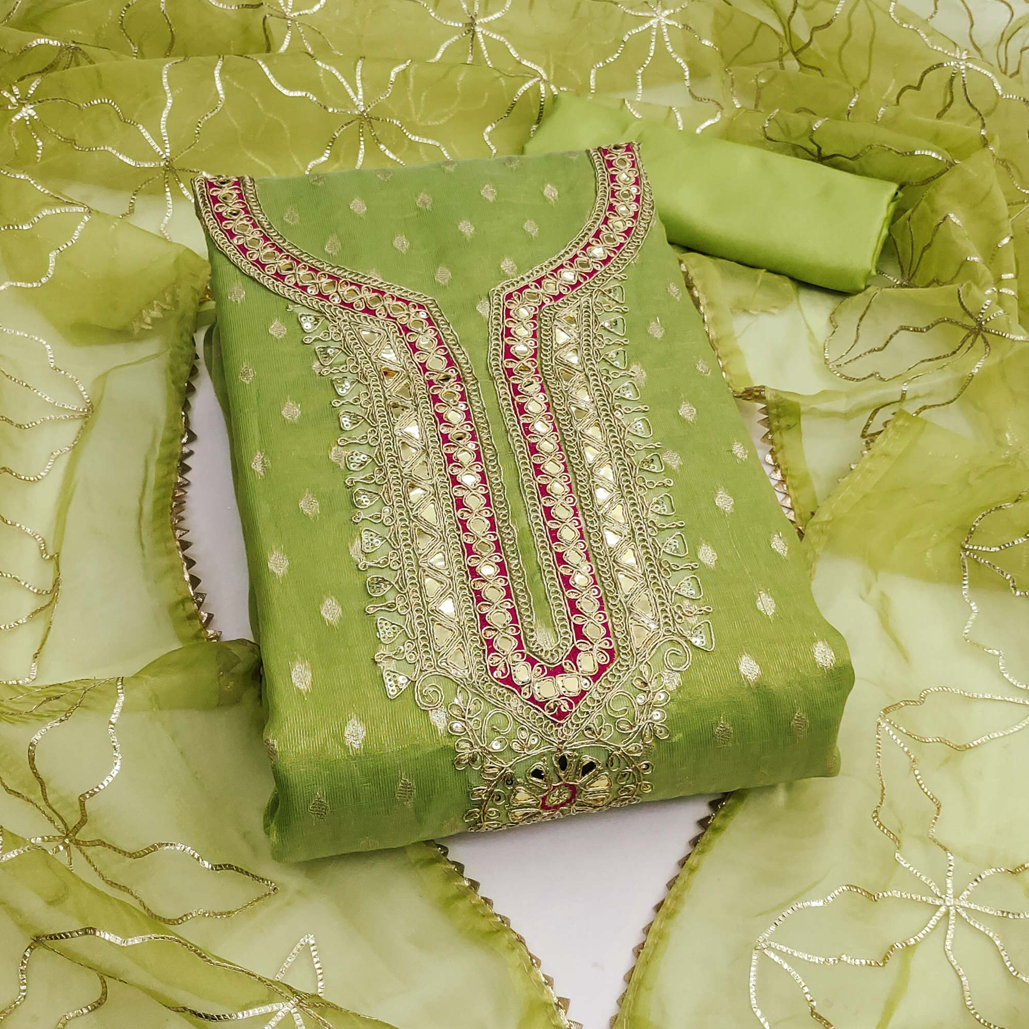 Green Woven Shimmer Silk Dress Material Adorned With Sequins & Gota Patti Work