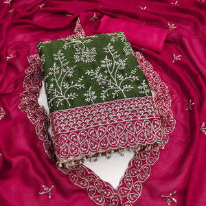 Mehendi Green Vichitra Silk Dress Material With Exquisite Sequins & Zari Embroidery