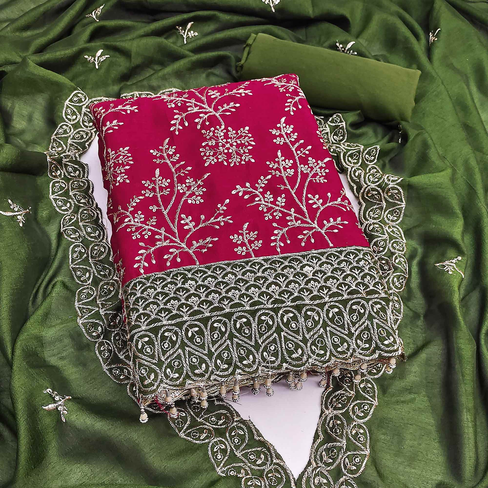 Pink Vichitra Silk Dress Material With Exquisite Sequins & Zari Embroidery