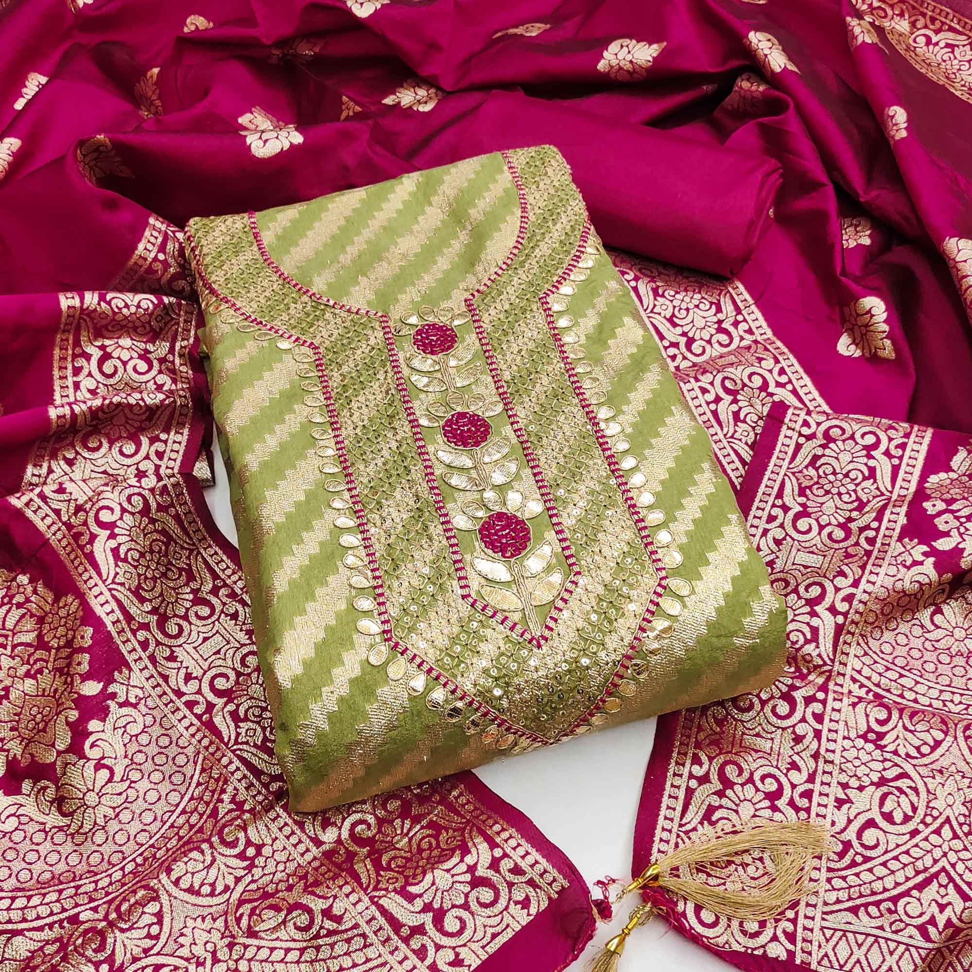 Green Woven With Sequins Embroidery & Gota Patti Work Banarasi Silk Dress Material