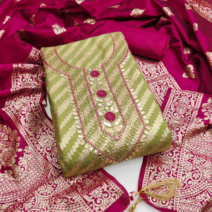 Green Woven With Sequins Embroidery & Gota Patti Work Banarasi Silk Dress Material