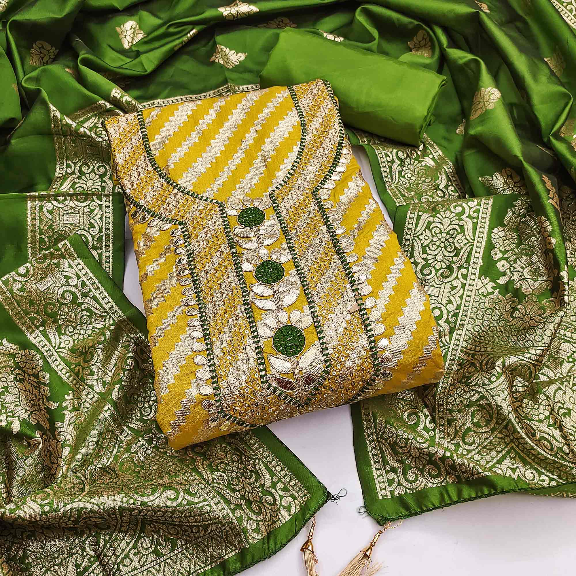 Mustard Woven With Sequins Embroidery & Gota Patti Work Banarasi Silk Dress Material