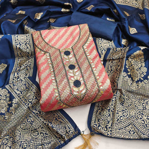 Peach Woven With Sequins Embroidery & Gota Patti Work Banarasi Silk Dress Material