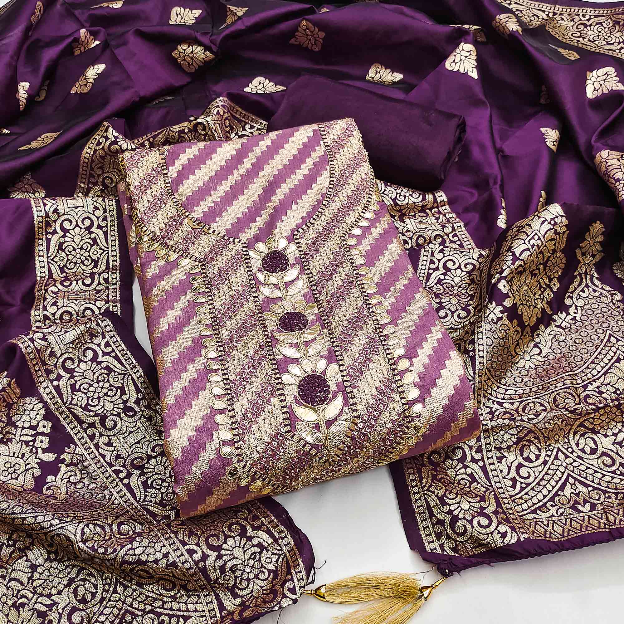 Purple Woven With Sequins Embroidery & Gota Patti Work Banarasi Silk Dress Material