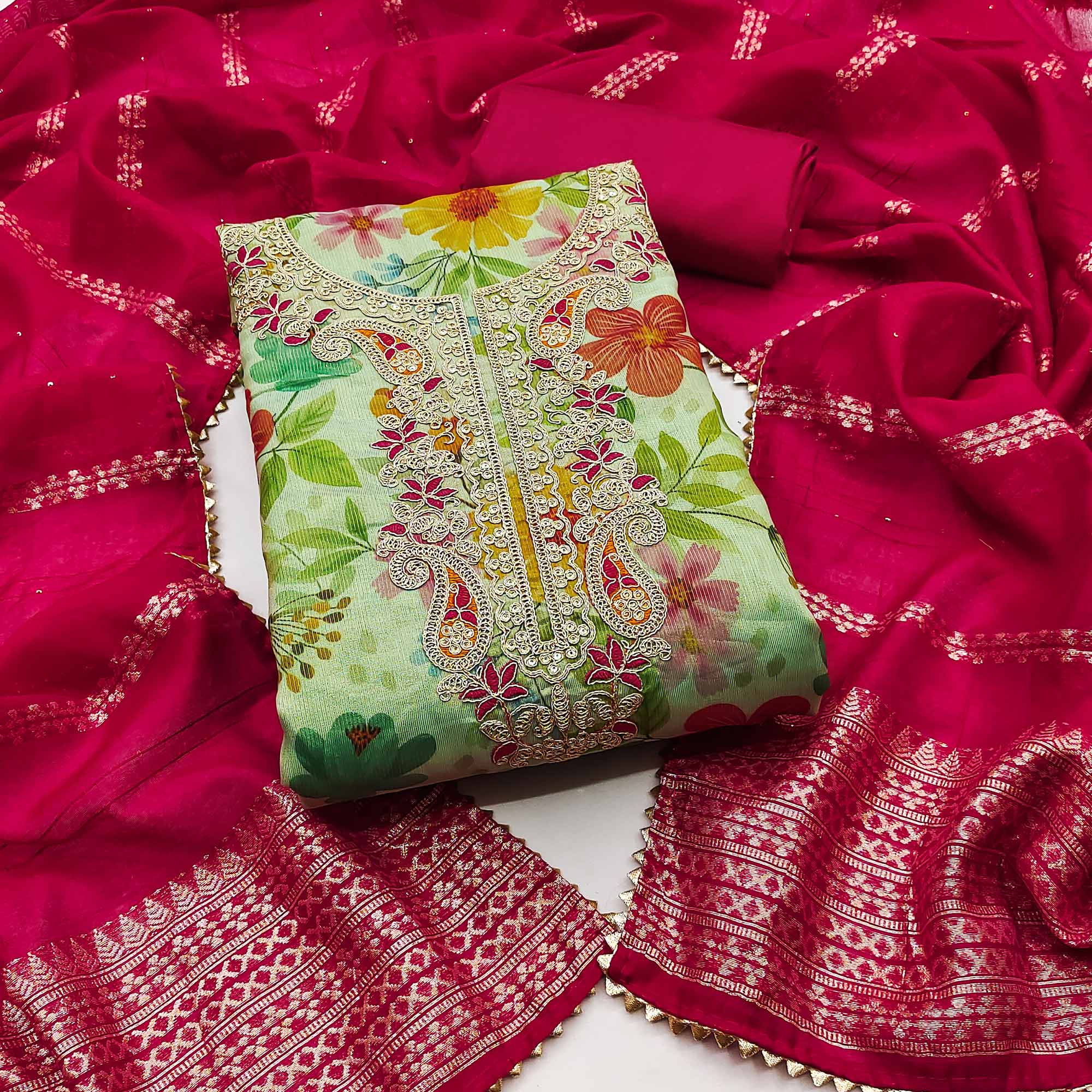 Green Shimmer Silk Dress Material With Floral Digital Print & Sequins Embroidery