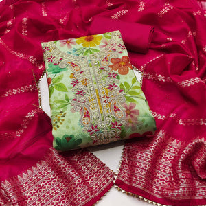 Green Shimmer Silk Dress Material With Floral Digital Print & Sequins Embroidery