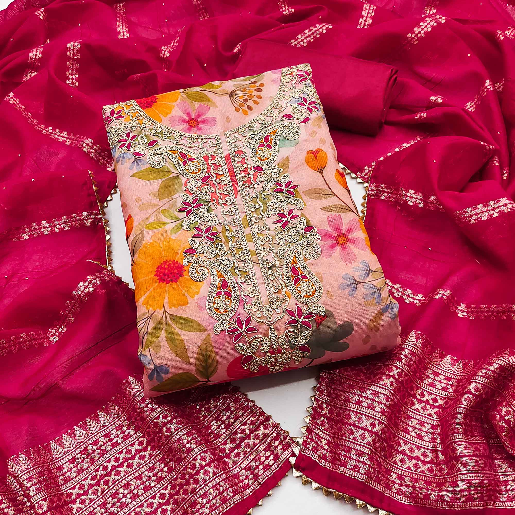 Pink Shimmer Silk Dress Material With Floral Digital Print & Sequins Embroidery