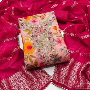 Pink Shimmer Silk Dress Material With Floral Digital Print & Sequins Embroidery