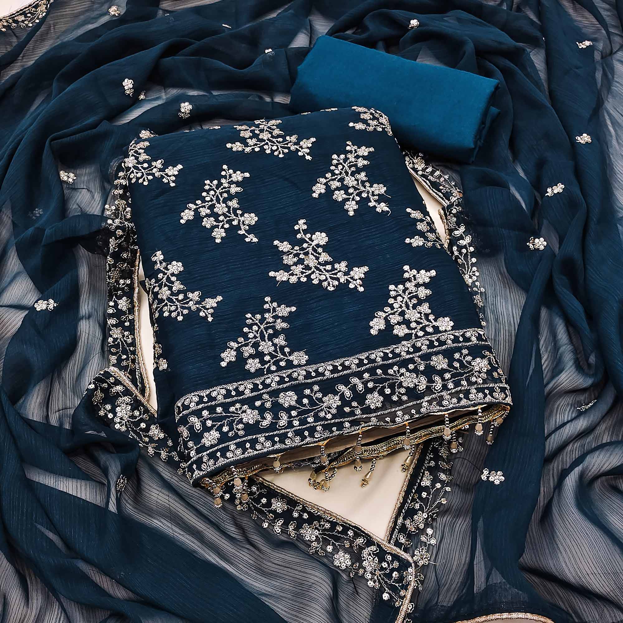 Blue Zomato Art Silk Dress Material Adorned With Floral Sequins Embroidery