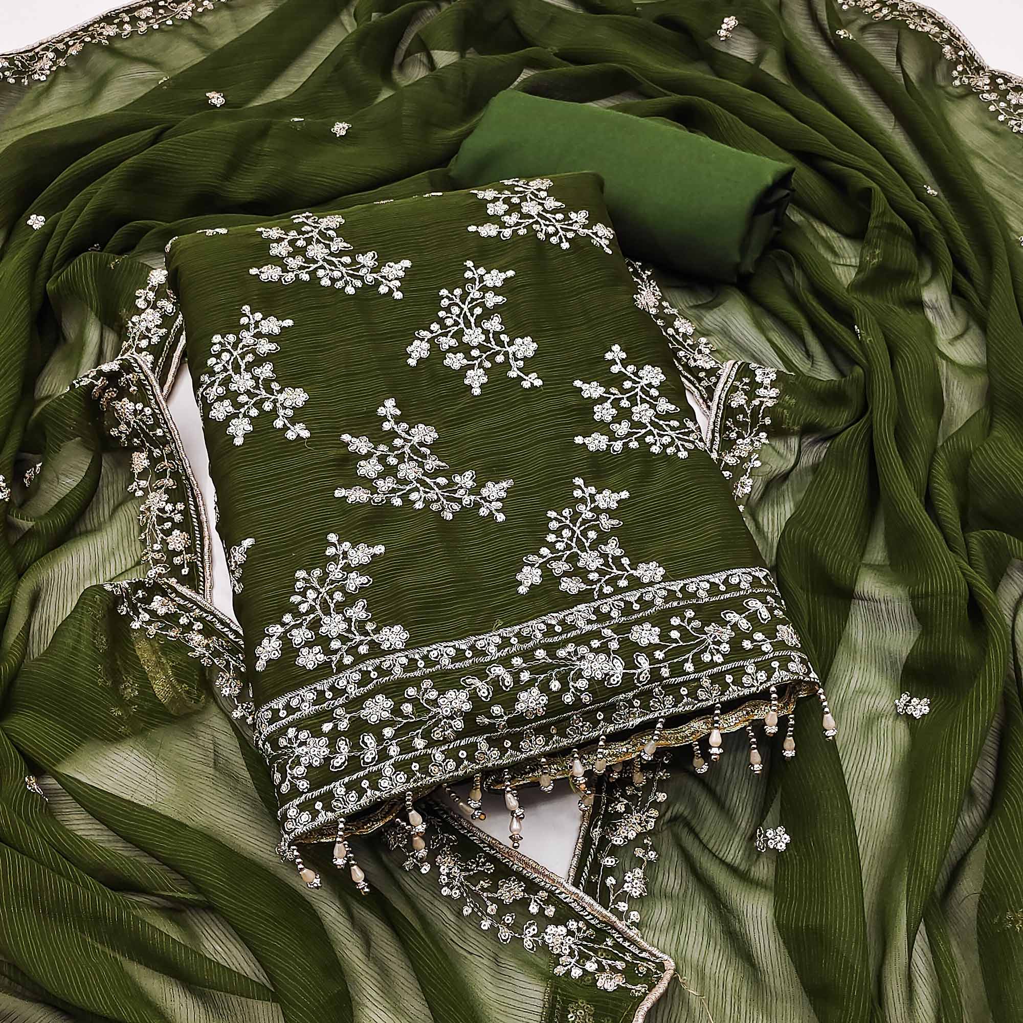 Green Zomato Art Silk Dress Material Adorned With Floral Sequins Embroidery