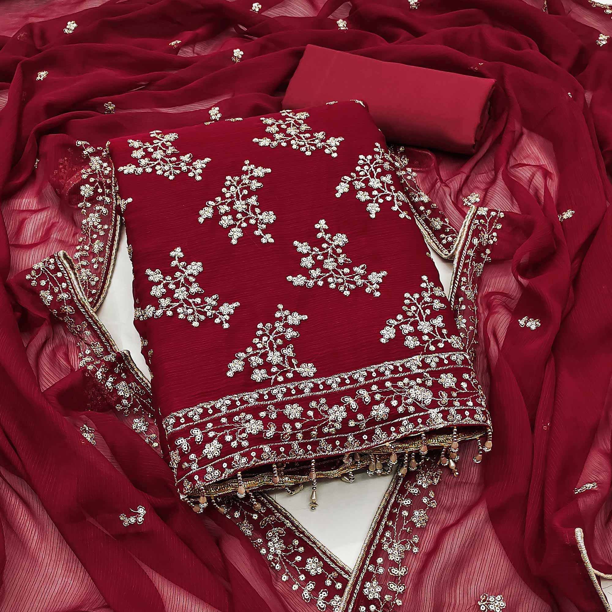 Maroon Zomato Art Silk Dress Material Adorned With Floral Sequins Embroidery