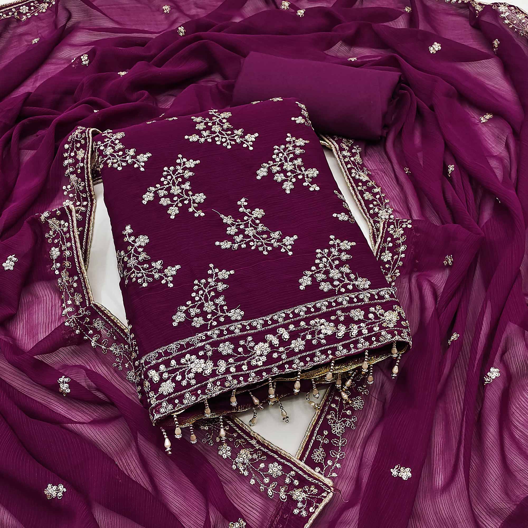 Wine Zomato Art Silk Dress Material Adorned With Floral Sequins Embroidery