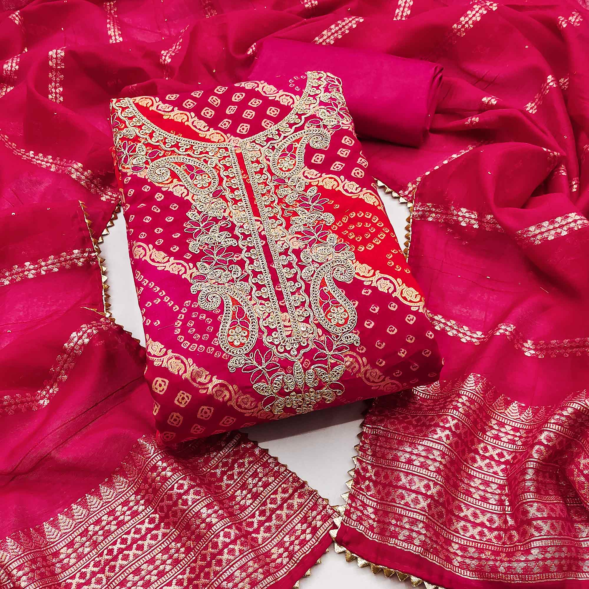 Rani Pink Bandhani Printed With Cording Sequins Emboridery Chanderi Silk Dress Material