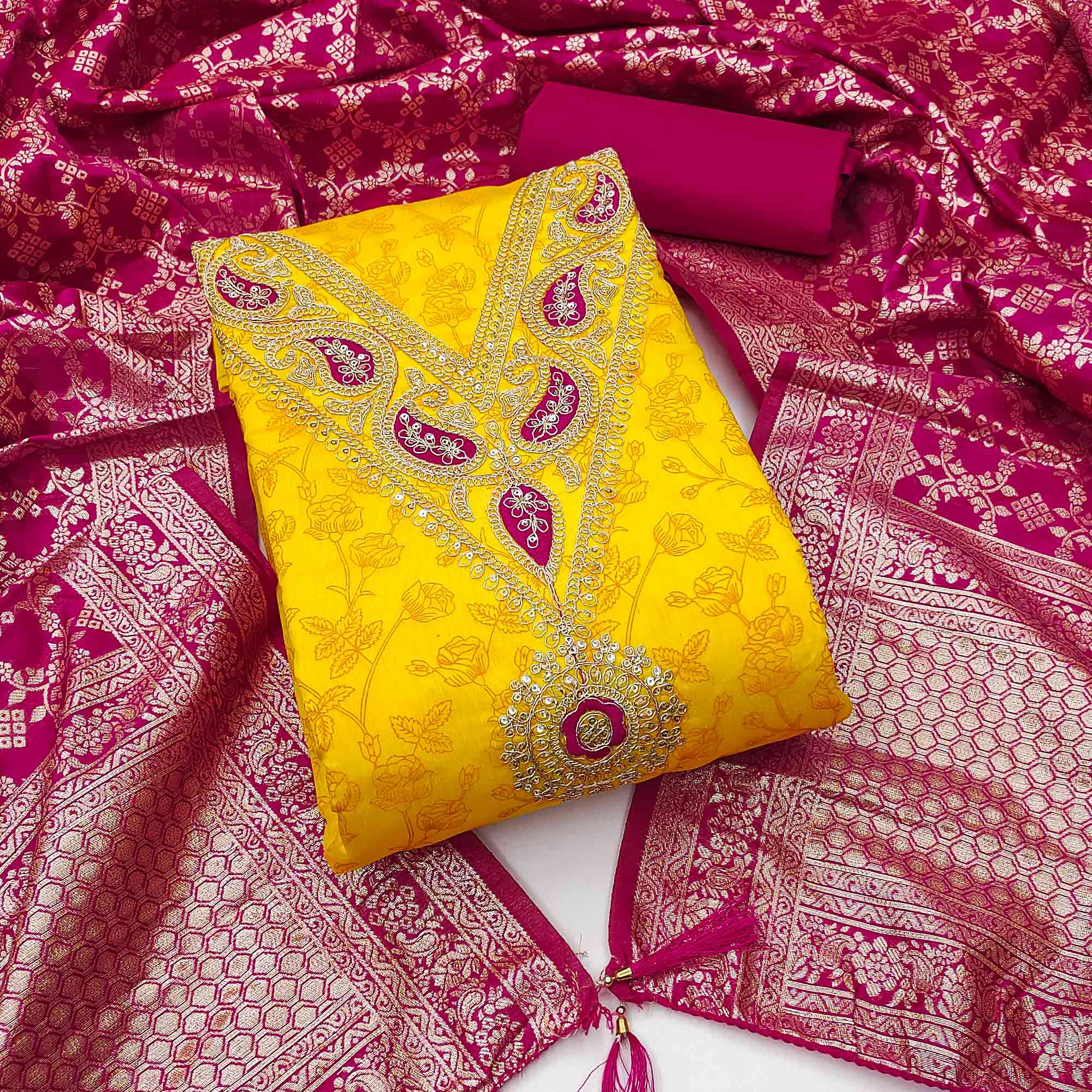 Yellow Floral Printed With Cording Sequins Embroidery Chanderi Silk Dress Material