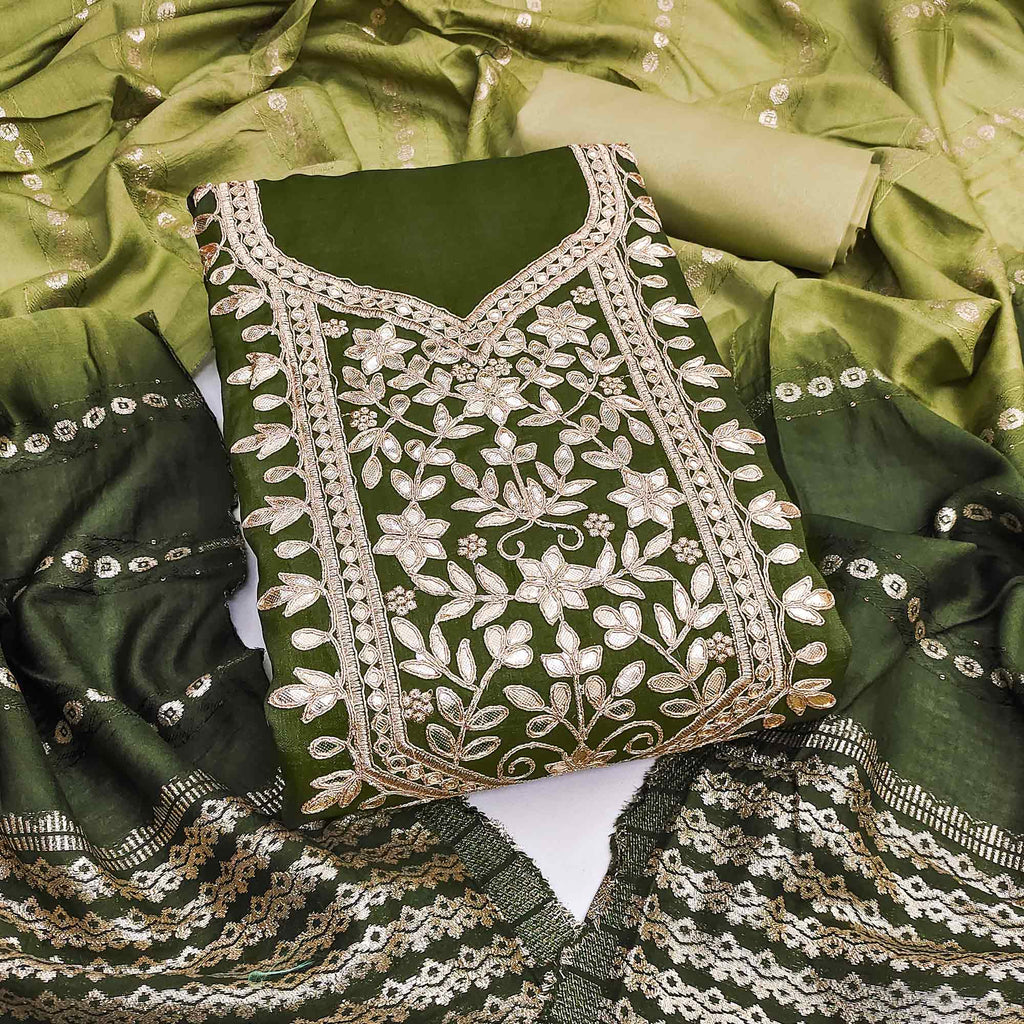 Mehendi Green Vichitra Silk Dress Material With Exquisite Floral Embro