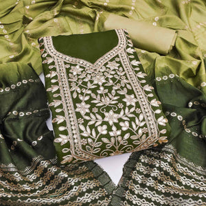 Mehendi Green Vichitra Silk Dress Material With Exquisite Floral Embroidery & Gota Patti Accents