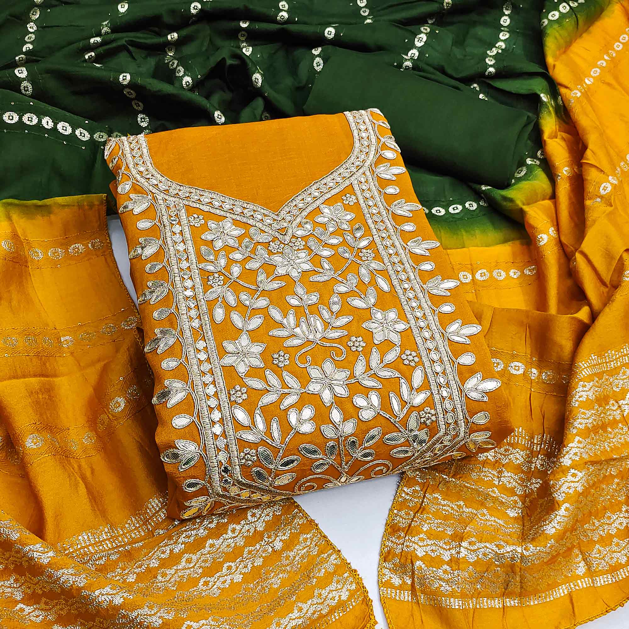 Mustard Vichitra Silk Dress Material With Exquisite Floral Embroidery & Gota Patti Accents