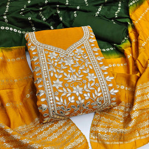 Mustard Vichitra Silk Dress Material With Exquisite Floral Embroidery & Gota Patti Accents