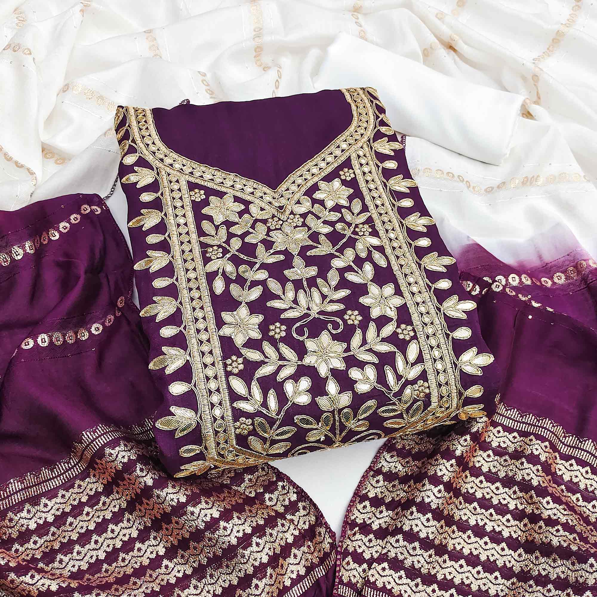 Wine Vichitra Silk Dress Material With Exquisite Floral Embroidery & Gota Patti Accents