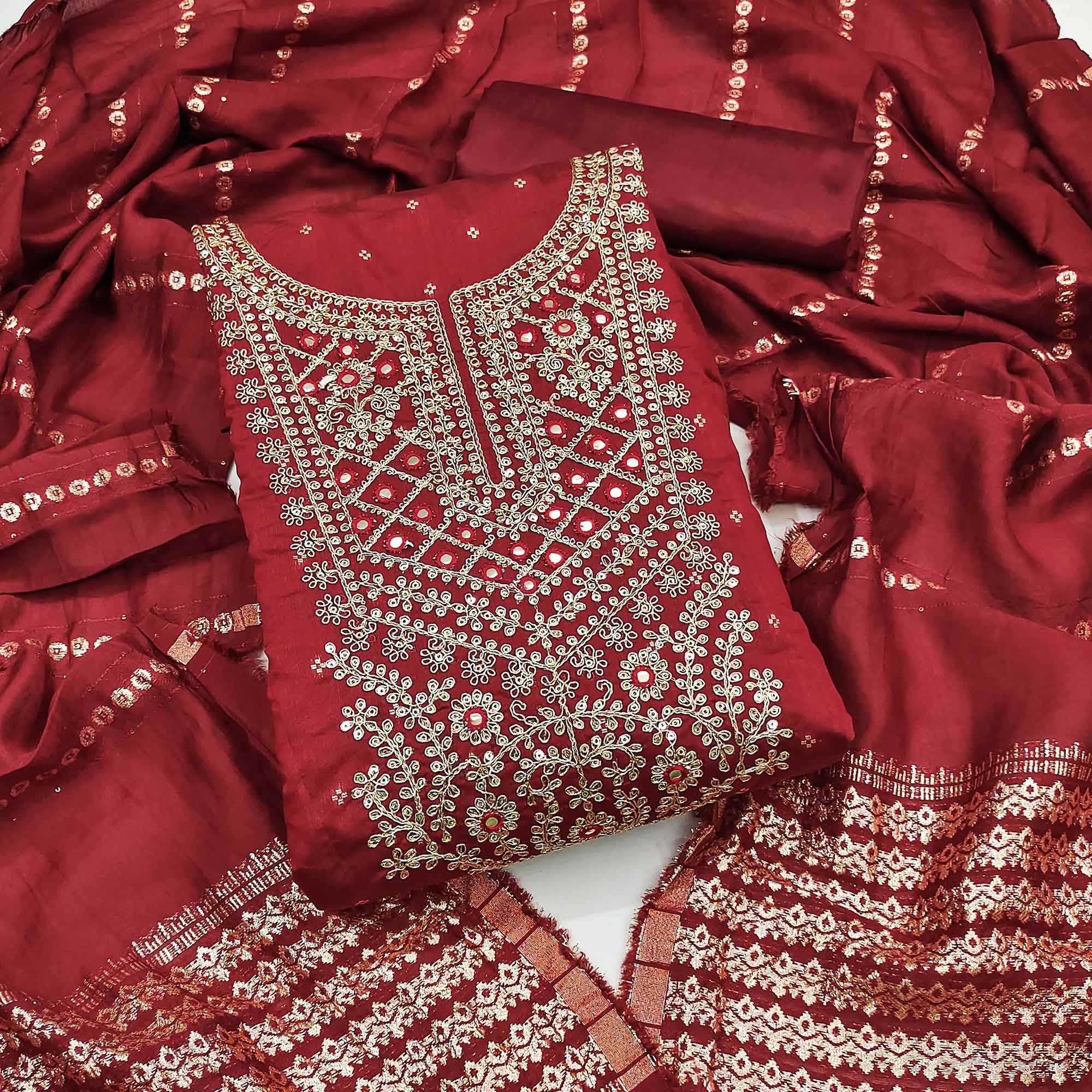 Maroon Chanderi Silk Dress Material With Intricate Floral Sequins Embroidery & Butti Work