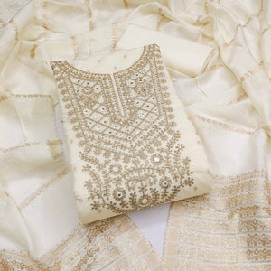 Offwhite Chanderi Silk Dress Material With Intricate Floral Sequins Embroidery & Butti Work